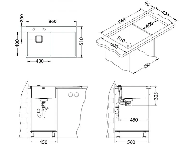 Мойка STYLUX 50 L BRS-90 860X510 левая в компл.с сифоном 1133398 (1084293)