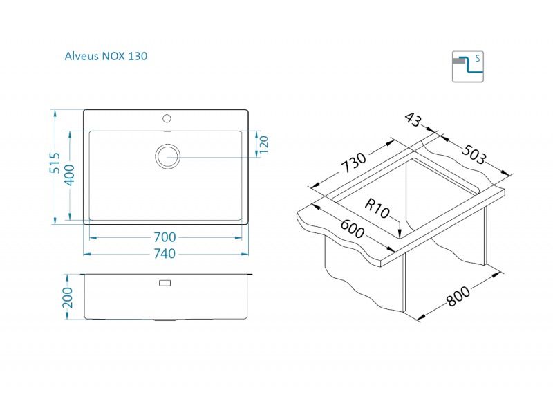Мойка для кухни NOX 130 BRS 740x515x200 в комплекте с интегрированным сифоном (1149938)
