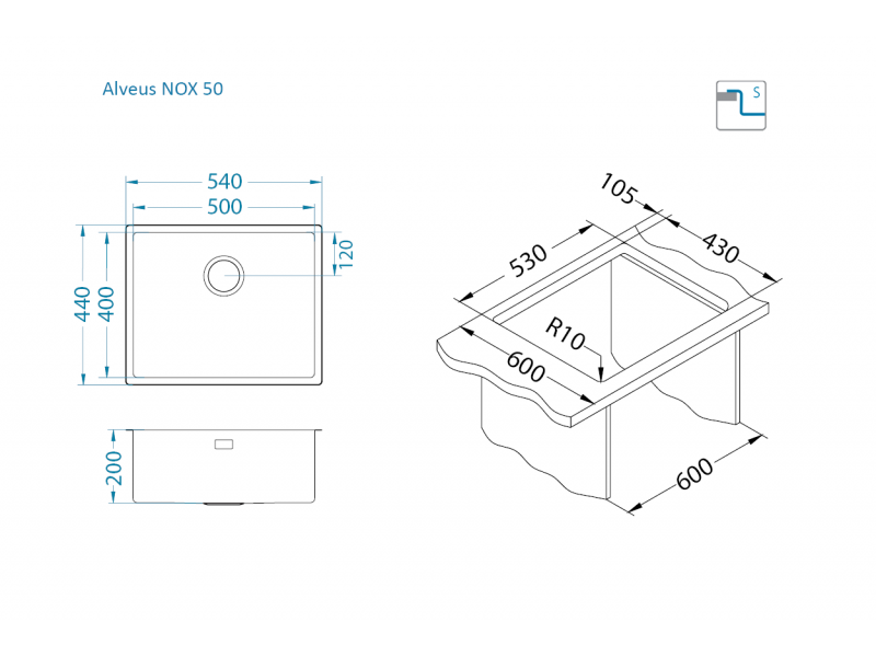 Мойка для кухни NOX 50 BRS 540x440x200 в комплекте с интегрированным сифоном (1149926)