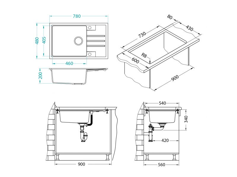 Мойка INTERMEZZO 130 GRANITAL CARBON - G91 780X480X200 1X в компл.с сифоном 111729,