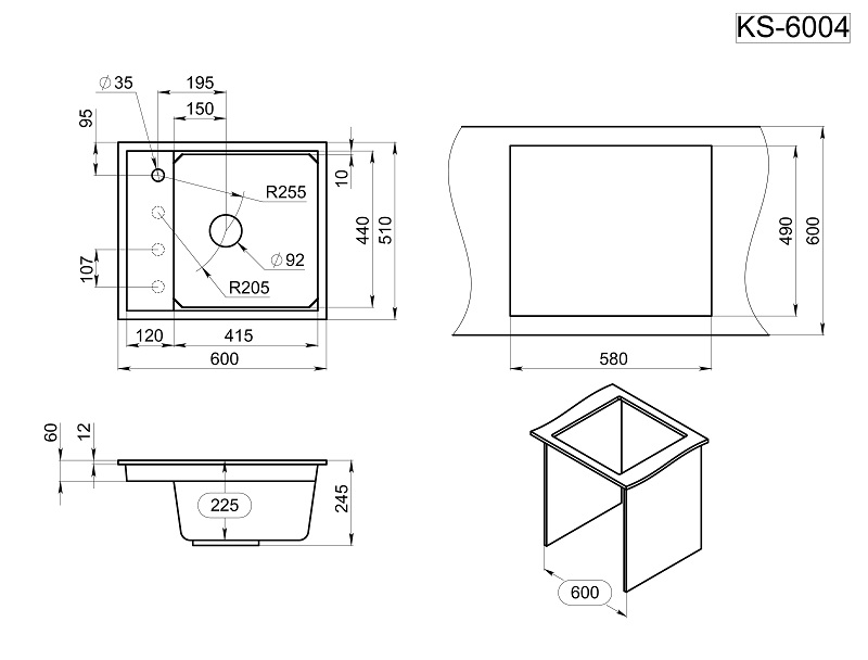 KS-6004, ШВАРЦ (чёрный металлик), кухонная мойка, кварц