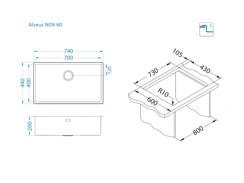 Мойка для кухни NOX 60 BRS 740x440x200 в комплекте с интегрированным сифоном (1149927)