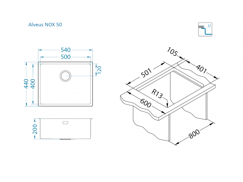 Мойка для кухни NOX 50 BRS 540x440x200 в комплекте с интегрированным сифоном (1149926)