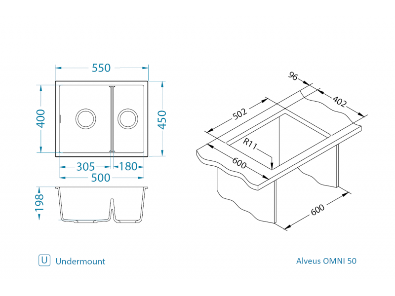 Мойка для кухни OMNI 50 GRANITAL ARCTIC-G11  550x450x198 с сифоном(1150065)