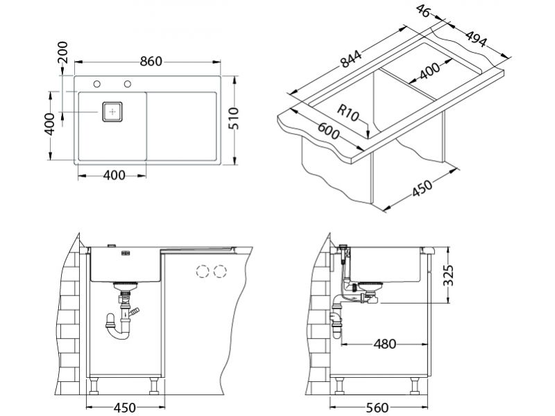 Мойка STYLUX 50 L BRS-90 860X510 левая в компл.с сифоном 1133398 (1084293)