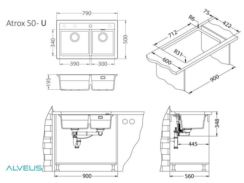 Мойка ALVEUS GRANITAL ATROX 50 CONCRETE - G81 в комплекте с сифоном 1132822 (1132001)