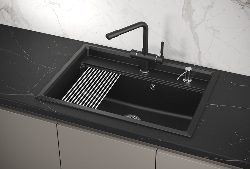 KS-7301, ШВАРЦ (чёрный металлик), кухонная мойка, кварц