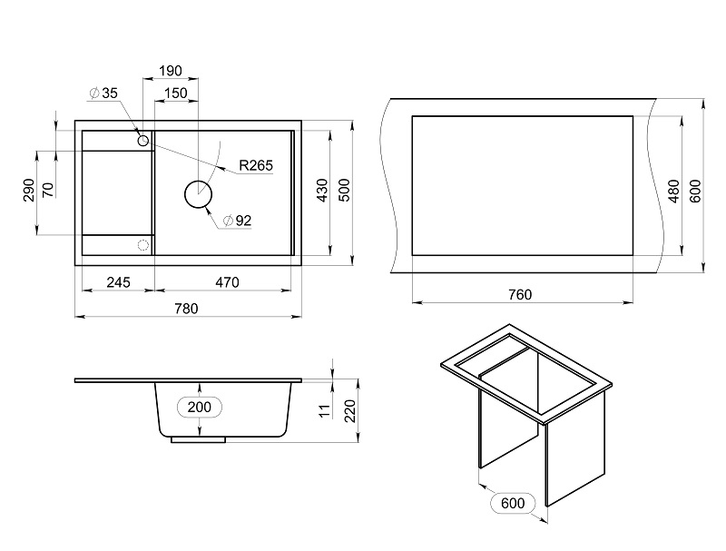 GR-7805, АЛЮМИНИУМ, кухонная мойка, кварц
