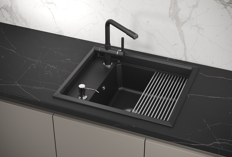 KS-6004, ШВАРЦ (чёрный металлик), кухонная мойка, кварц