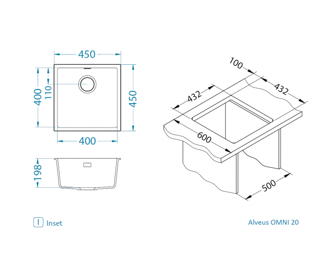 Мойка для кухни OMNI 20 GRANITAL DEEP BLACK-G90 BE 450x450x198 с сифоном(1150050)
