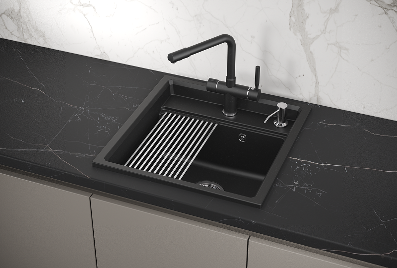 KS-5002, ШВАРЦ (чёрный металлик), кухонная мойка, кварц