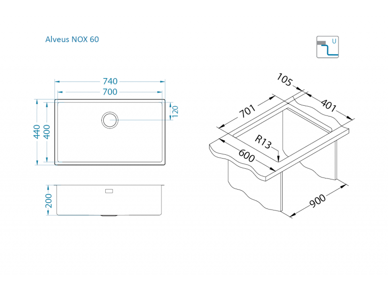 Мойка для кухни NOX 60 BRS 740x440x200 в комплекте с интегрированным сифоном (1149927)