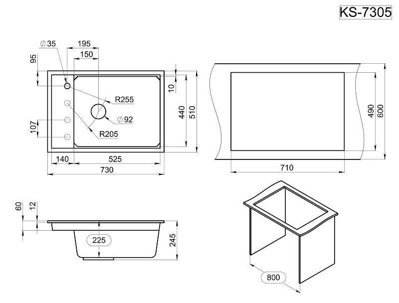 KS-7305, ШВАРЦ (чёрный металлик), кухонная мойка, кварц