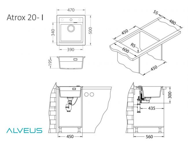 Мойка ALVEUS GRANITAL ATROX 20 CARBON - G91 470 X  500  1X в комплекте с сифоном 1132823 (1131990)