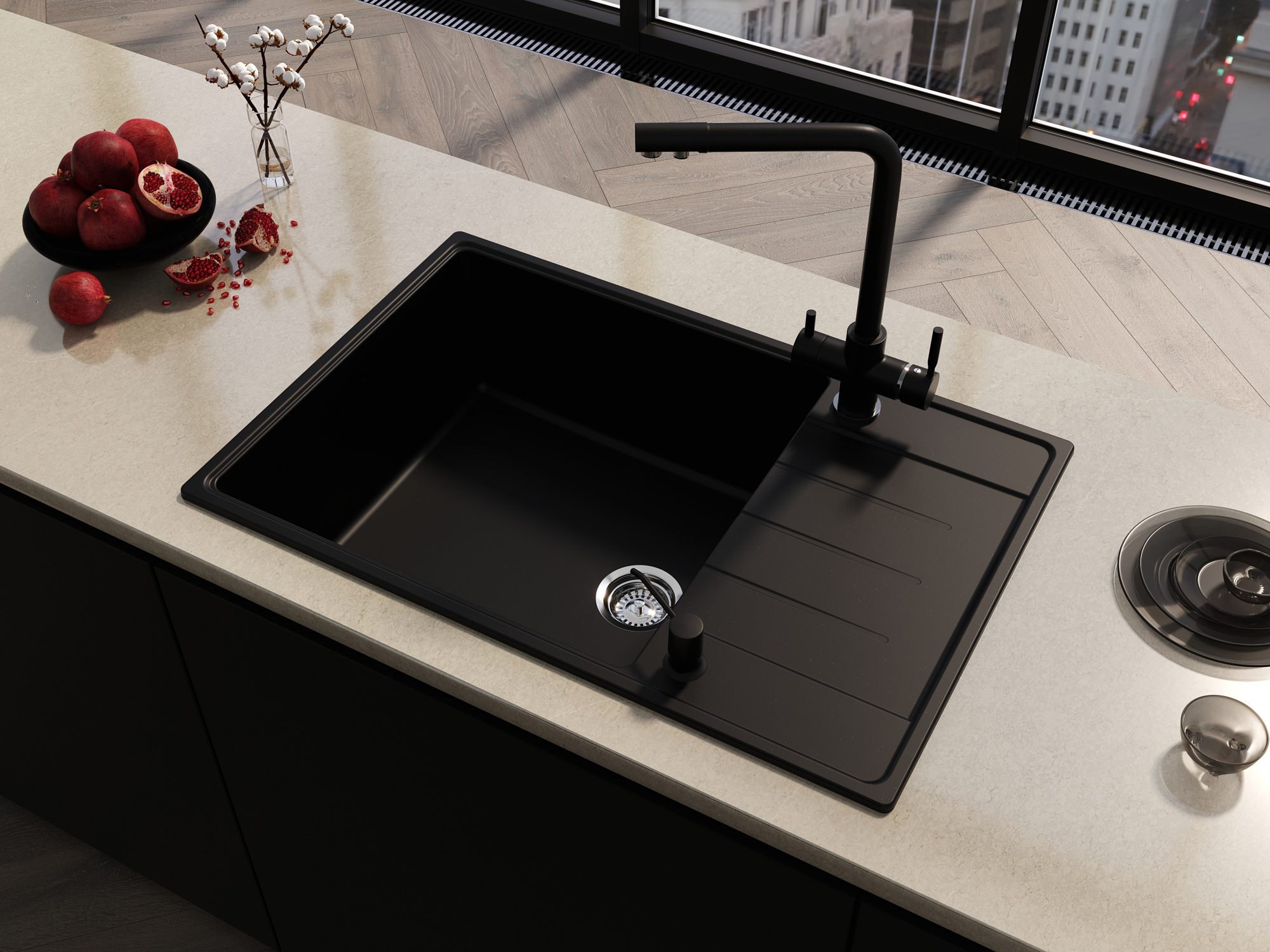 Кухонная мойка Grandex Aqua TOPLINE 76F BLACK METALIC (600215)